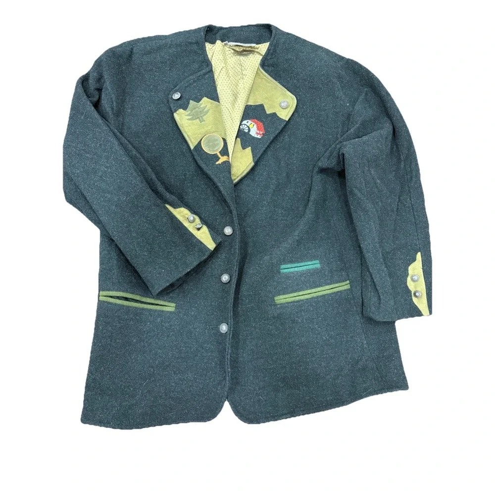 Marlene Wool Jacket Blazer Womens 38 Gray Embroidered‎ Applique Tree House